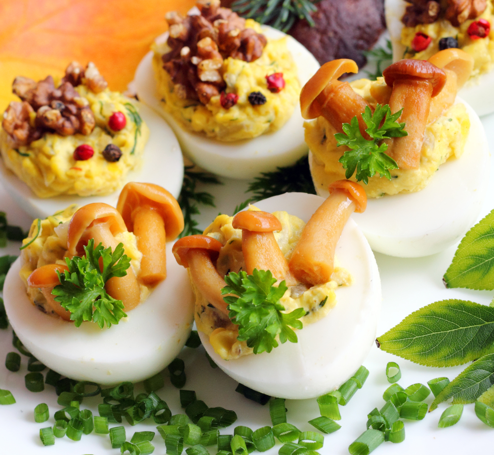 Deviled eggs with porcini and turkey fry